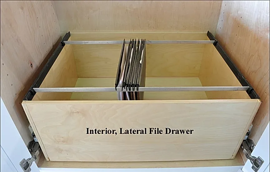 A wooden drawer with interior lateral file drawer written on it