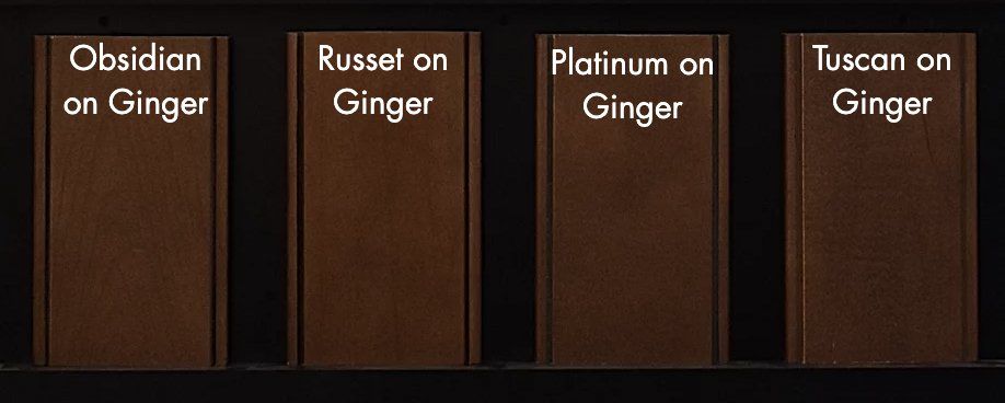 A row of brown books with the titles obsidian on ginger russel on ginger platinum on ginger and tuscar on ginger
