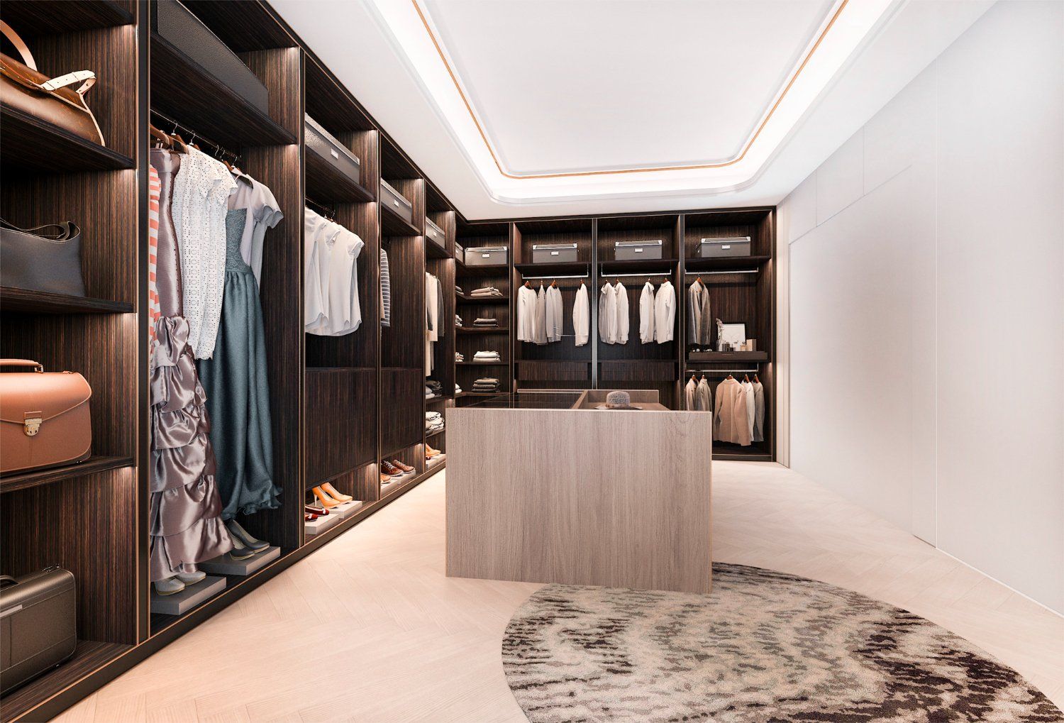 A walk in closet with lots of clothes and a rug