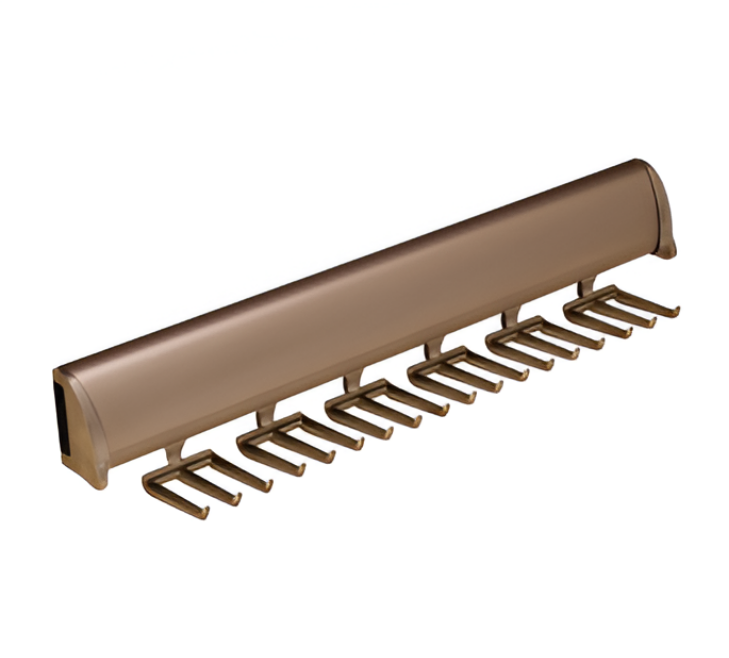 A brown tie rack with a bunch of hooks on it