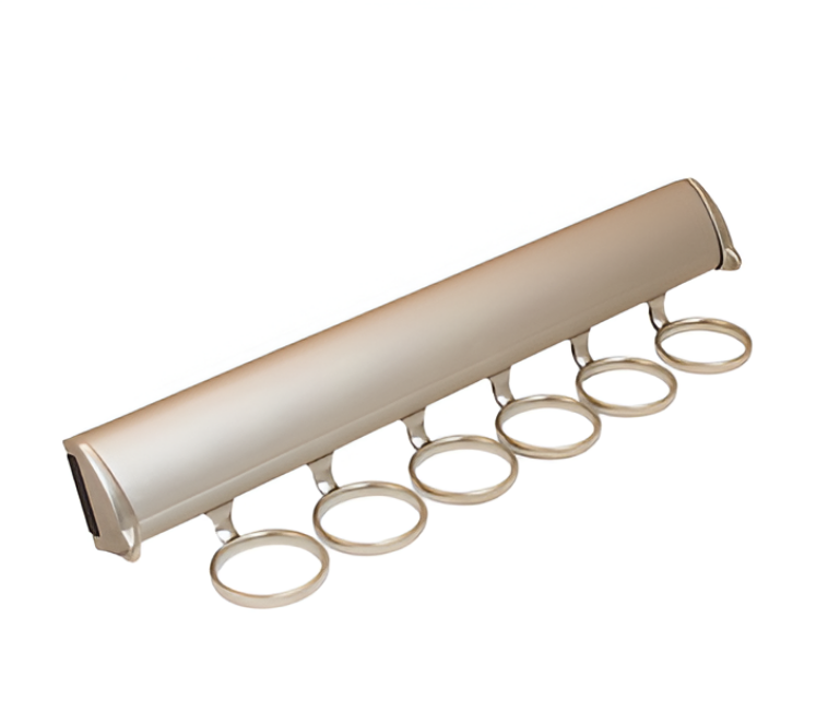 A silver curtain rod with rings attached to it
