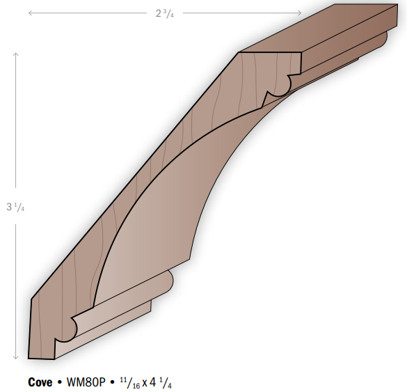A drawing of a wooden crown molding with measurements