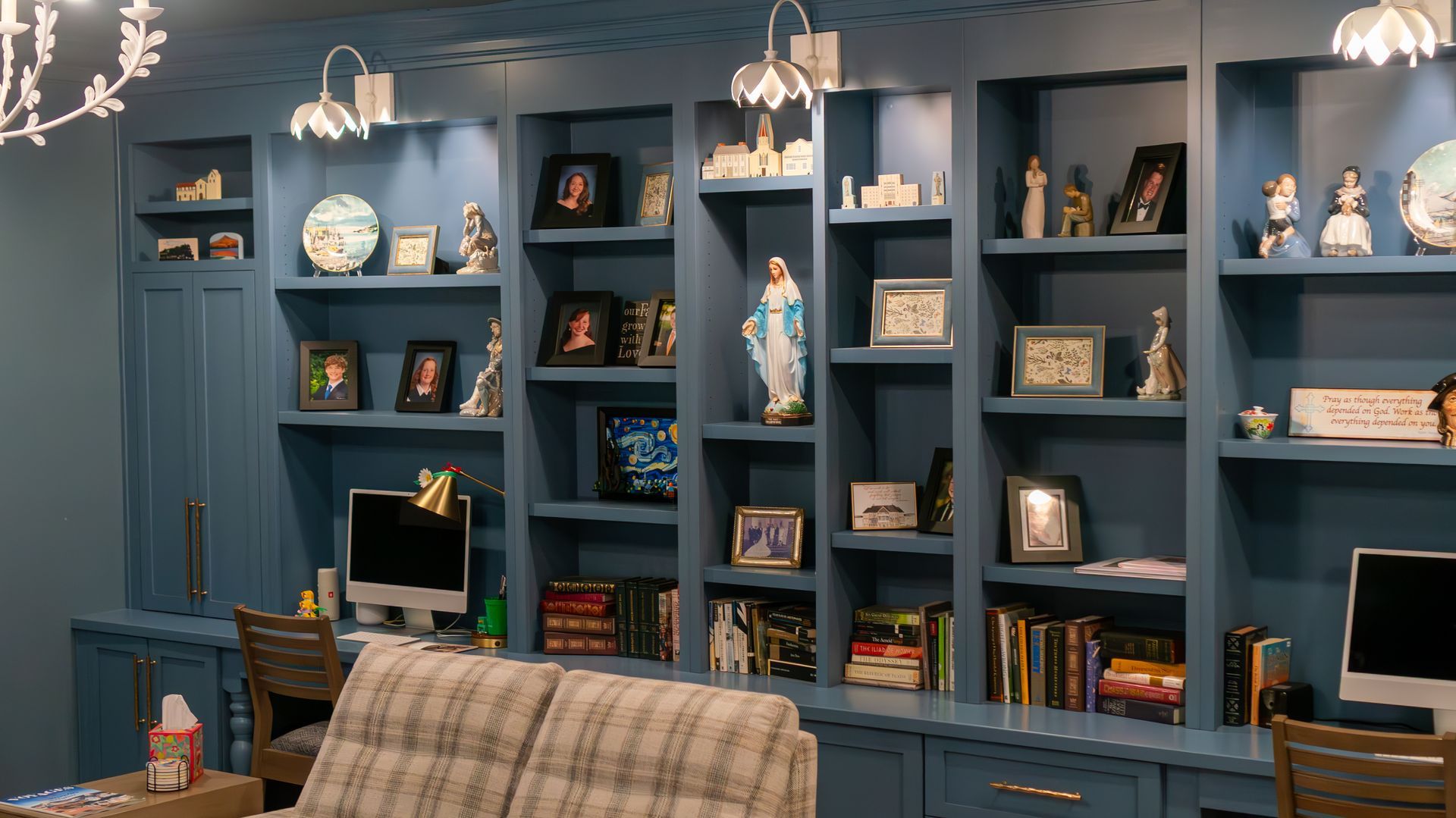 A corner of a room with a window seat