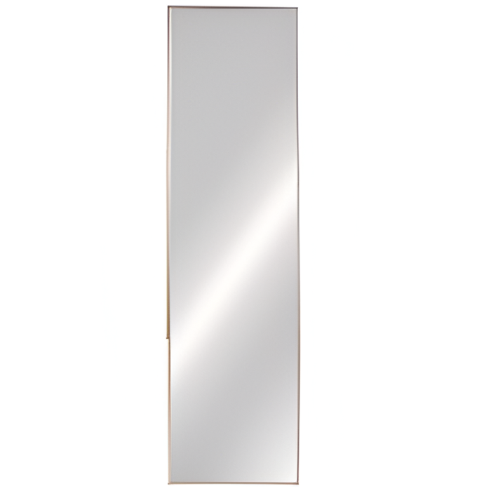 A full length mirror with a wooden frame on a white background
