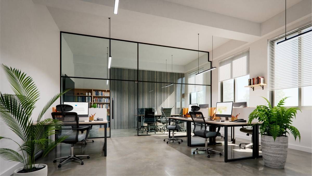 A contemporary commercial office building with blinds as the window treatment style of choice