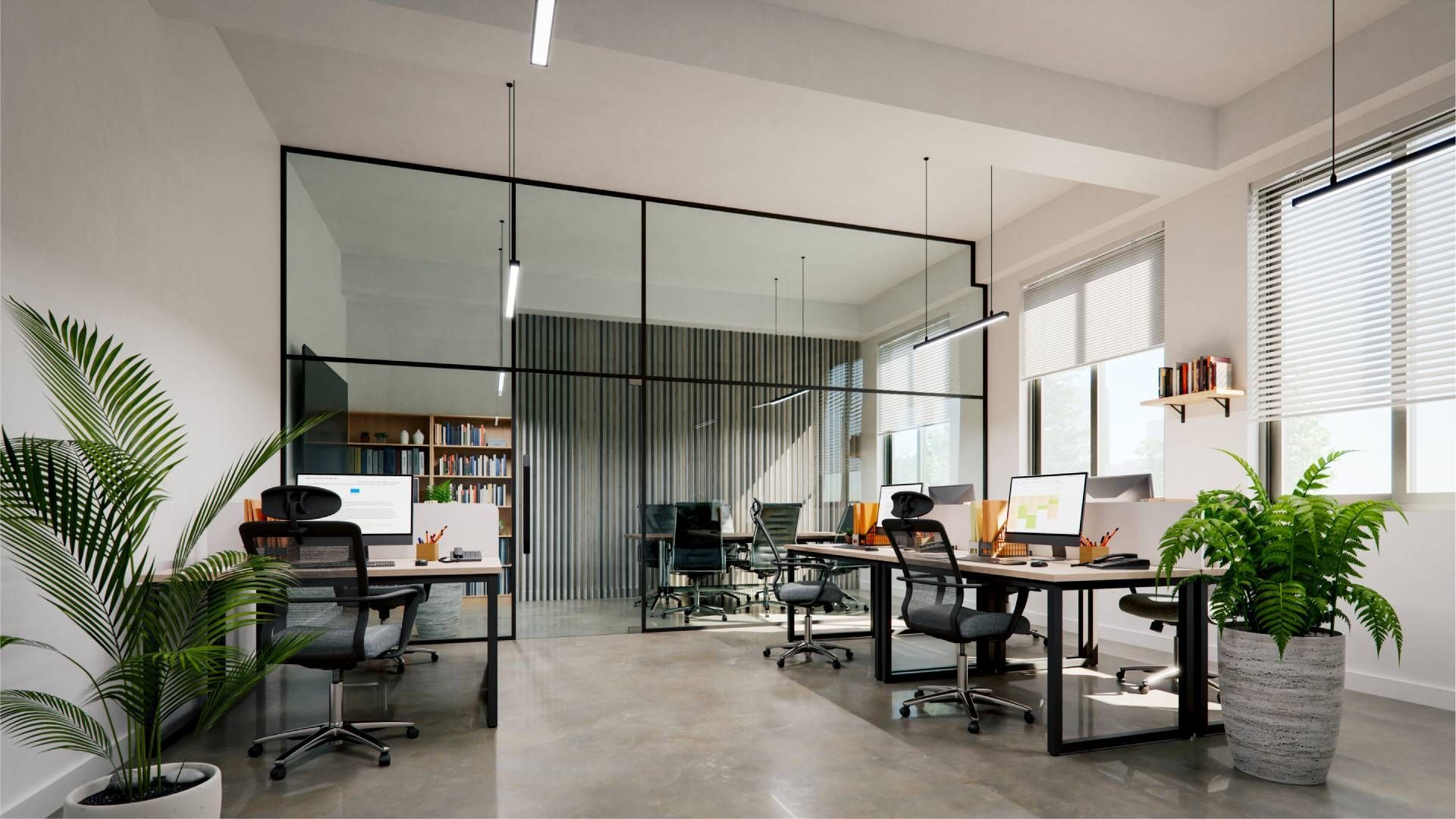 A contemporary commercial office building with blinds as the window treatment style of choice