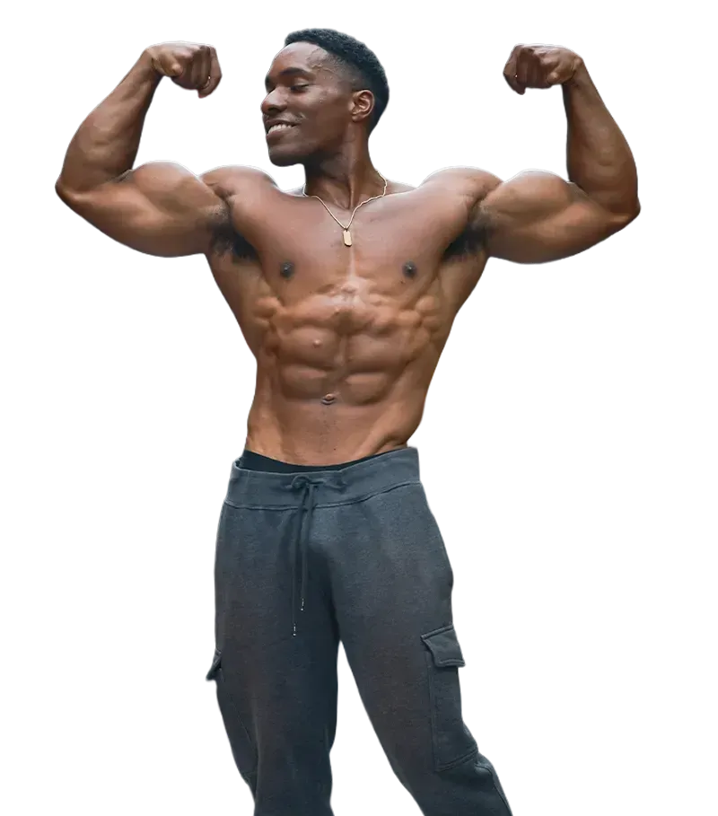 A shirtless man is flexing his muscles on a white background