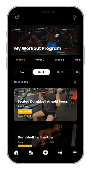 A cell phone with a workout program on the screen.