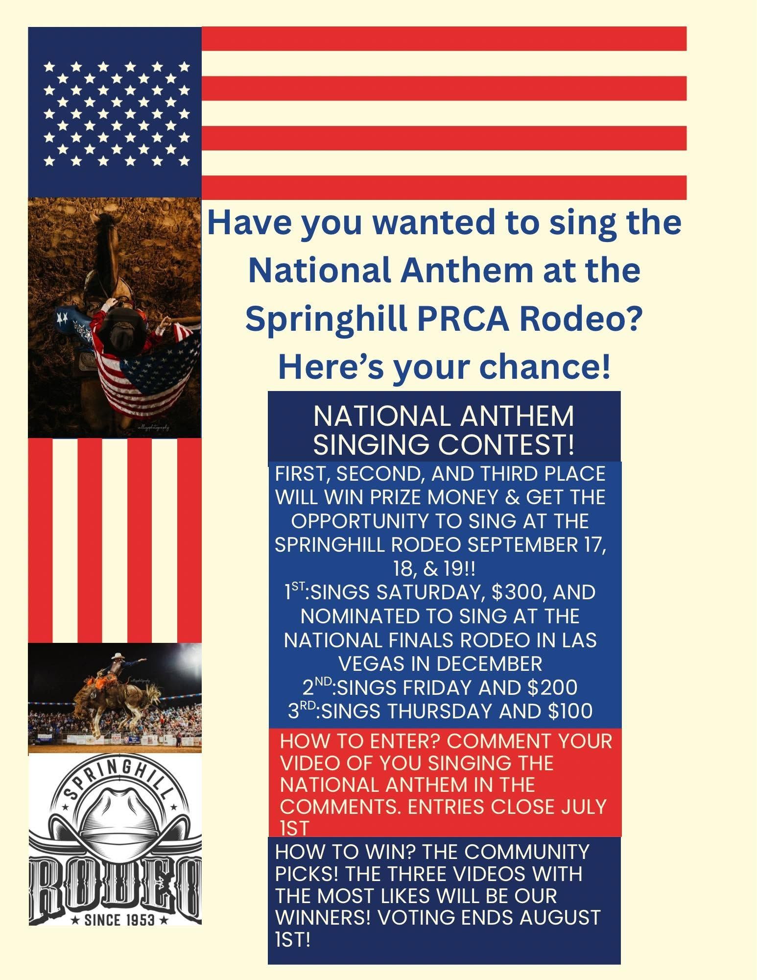 Red, white, and blue rodeo flyer inviting people to sing the national anthem at Springfield PRCA Rodeo