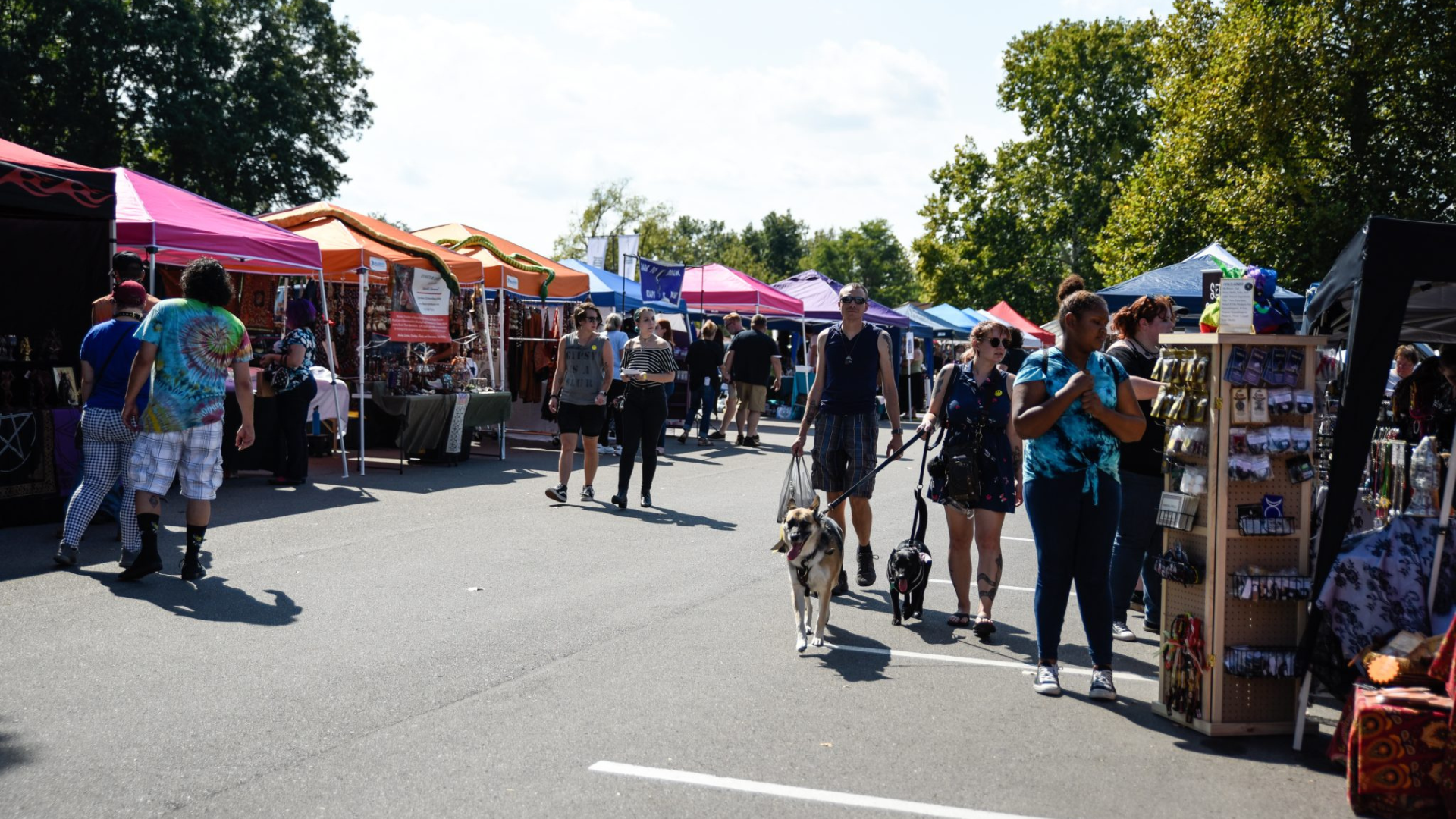 Outdoor market with colorful vendor tents, shoppers walking, and a dog on a sunny street