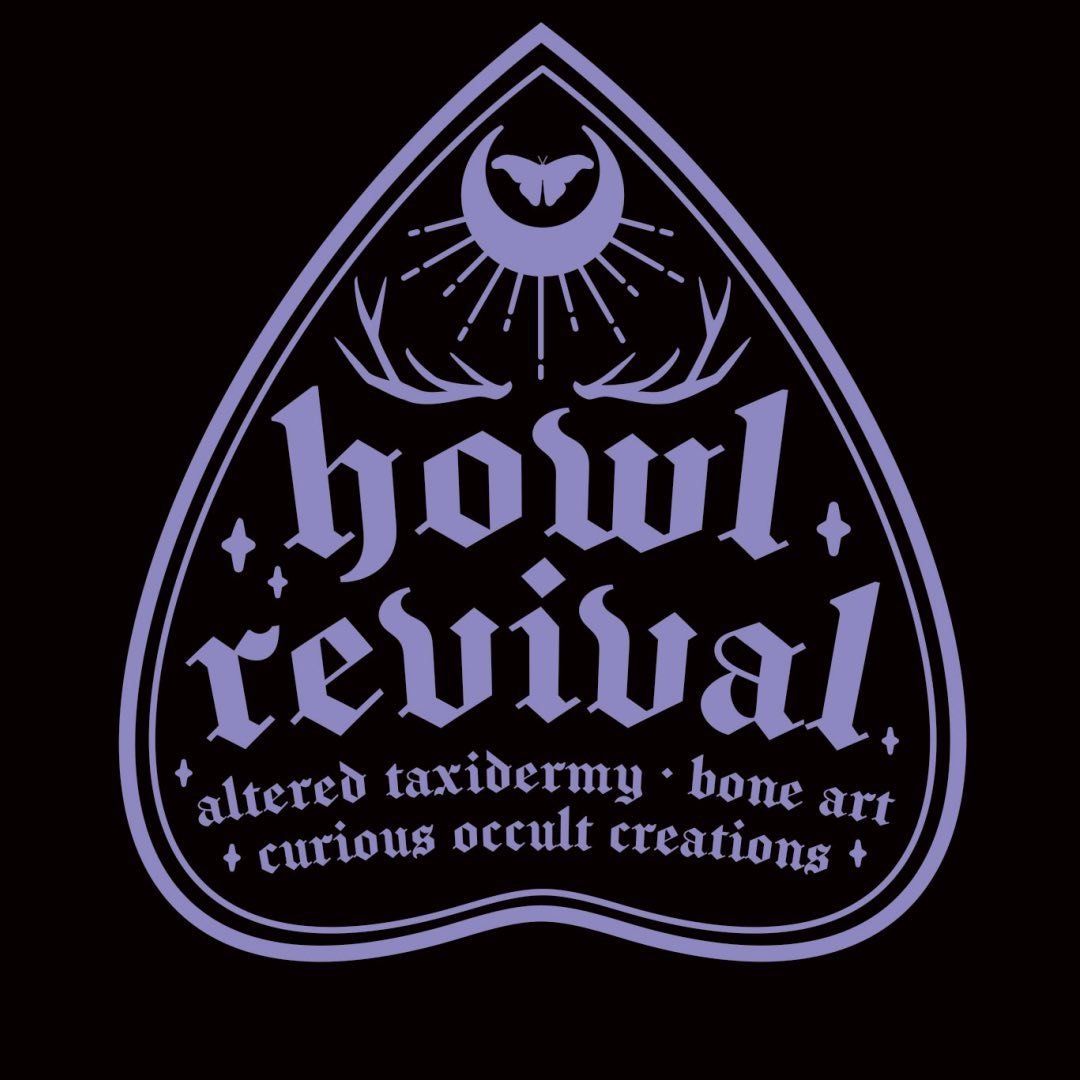Black and lavender “howl revival” logo with occult-style moon, stars, and “altered taxidermy” text