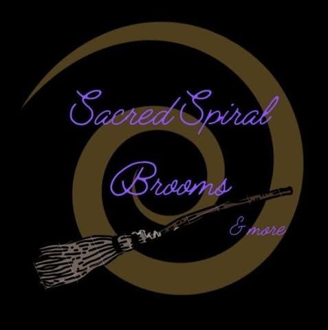 Sacred Spiral Brooms logo with purple script, a broom, and a gold spiral on a black background