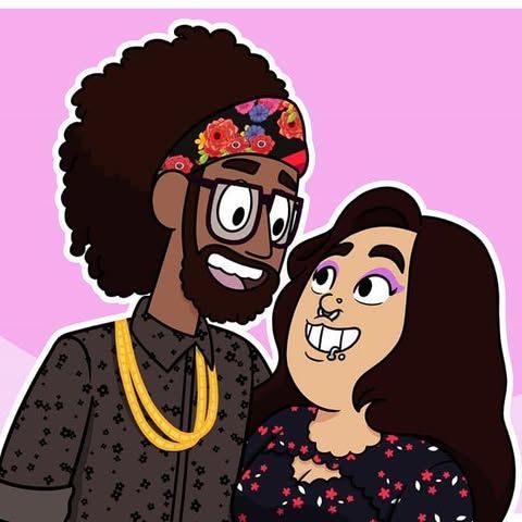 Two smiling cartoon characters with curly hair, standing close together on a pink background.