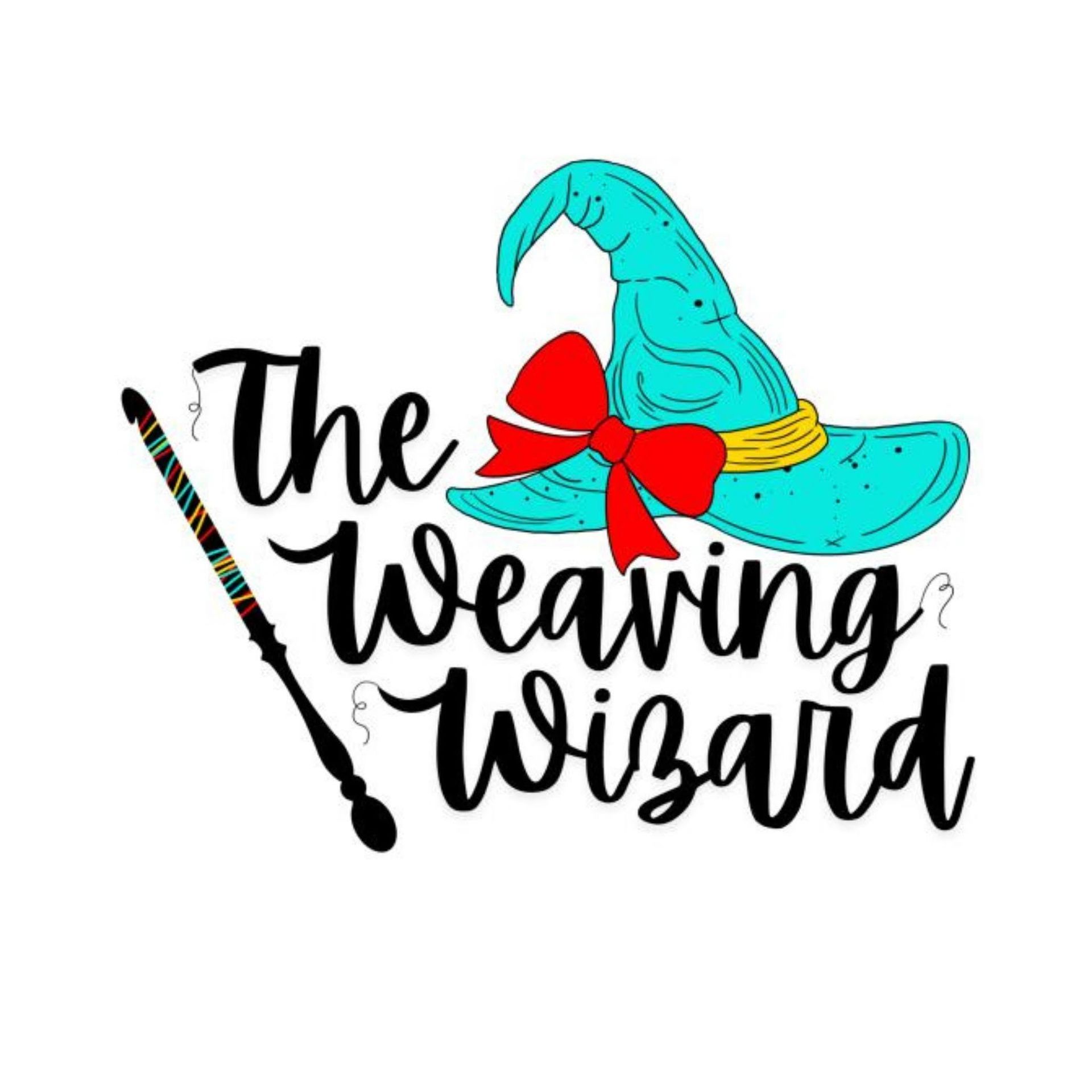 Logo reading “The Weaving Wizard” with a turquoise wizard hat, red bow, and weaving shuttle on white background