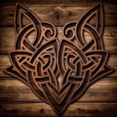 Celtic knot fox emblem carved in brown wood on a rustic wooden background