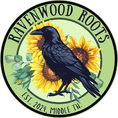 Raven logo on sunflowers with text “RIVENWOOD ROOTS” and “EST. 2024, Middle TN.”