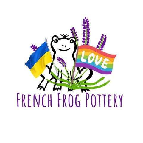 French Frog Pottery logo with smiling frog, lavender, rainbow LOVE flag, and blue-yellow flag