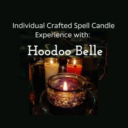 Hoodoo Belle candle ad with lit glass candles in warm gold and red tones