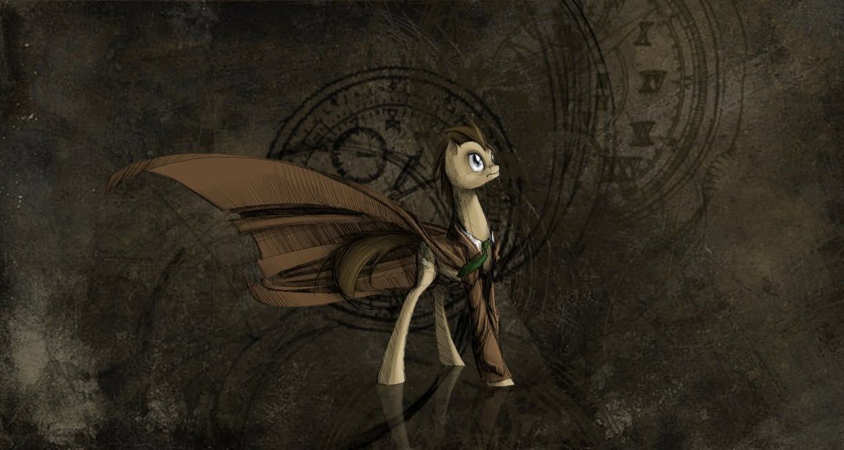 Winged girl in a dark sepia scene, standing beside a large clock face.