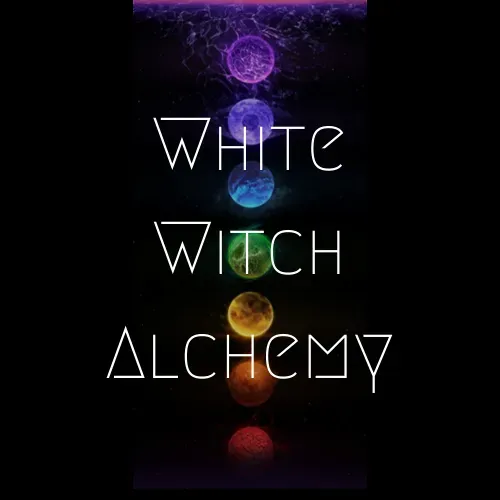 White Witch Alchemy text over a black background with a vertical rainbow of glowing chakras.