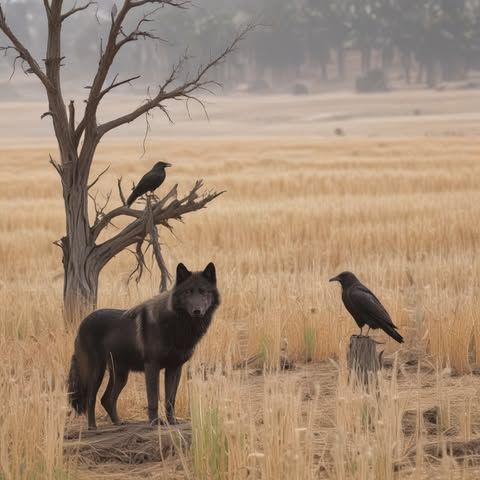 Black wolf standing by a dead tree in a dry field with two crows perched nearby