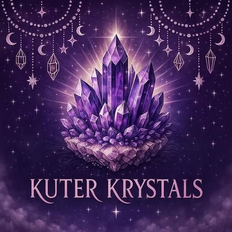 Purple crystal cluster logo with “KUTER KRYSTALS” on a starry violet background