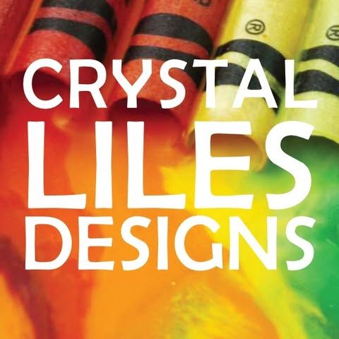 CRYSTAL LILES DESIGNS text over colorful fabric with red, yellow, and green patterns