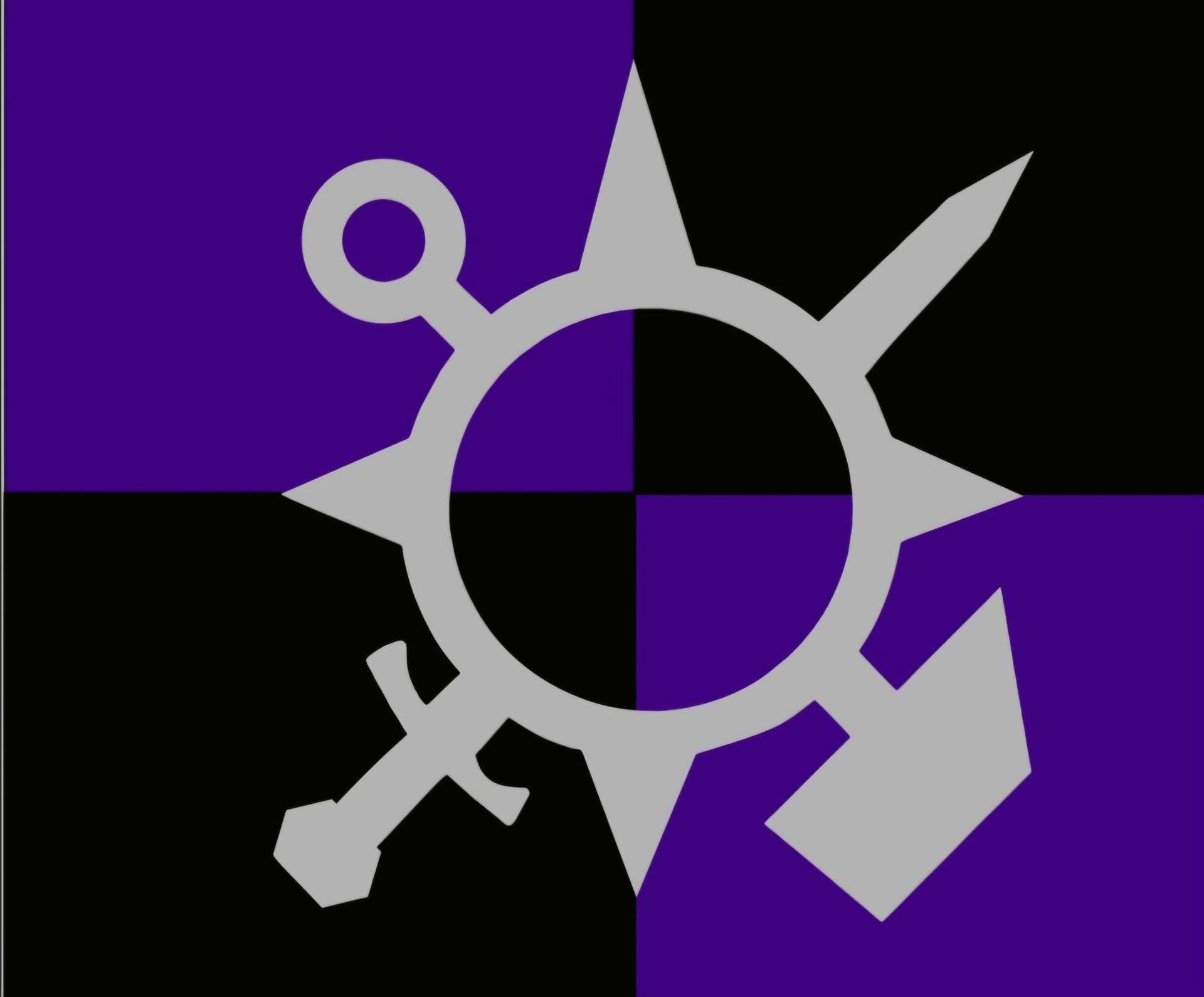 Purple and black graphic with a silver circular emblem and four pointed spokes, resembling a stylized gear or compass