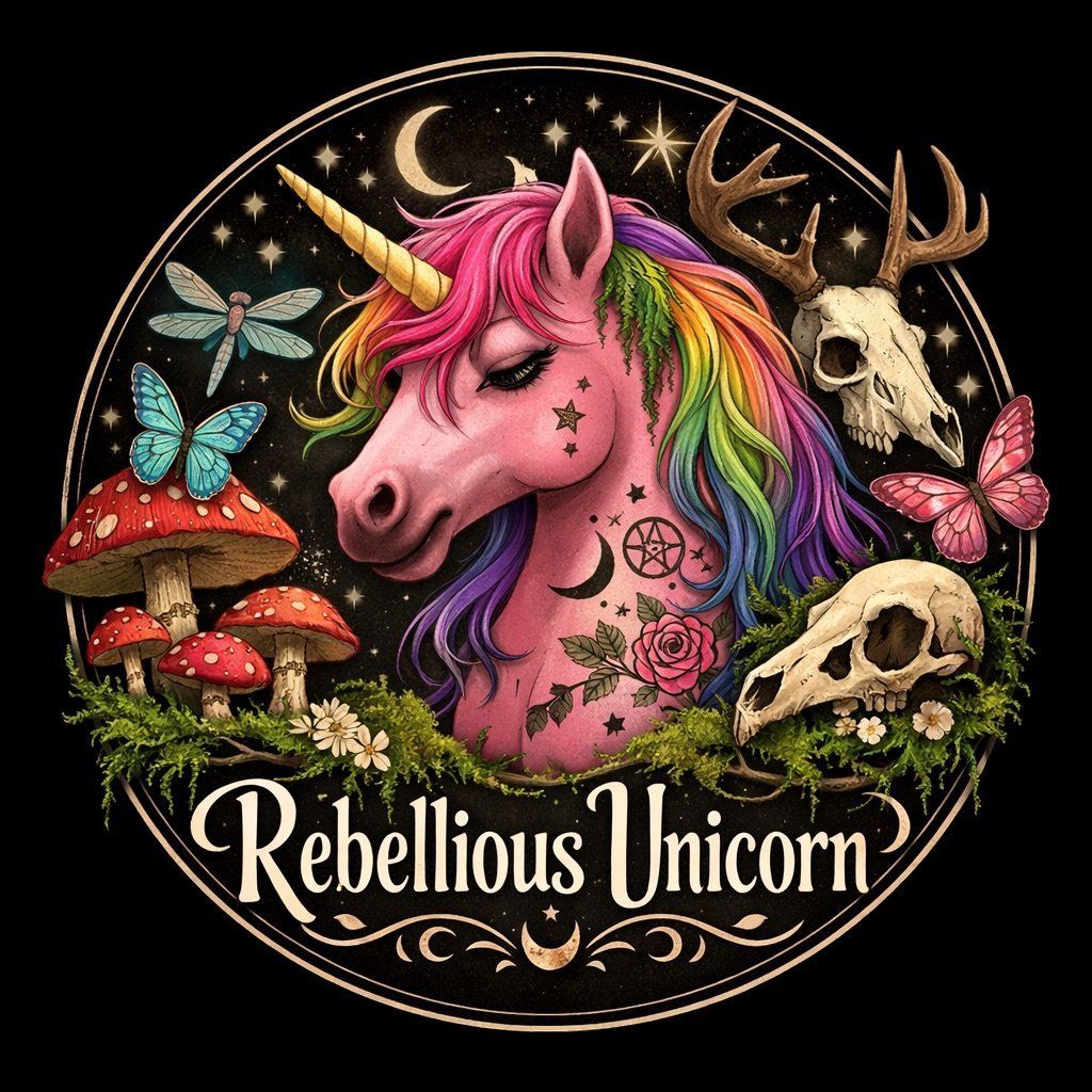 Pink unicorn with rainbow mane amid mushrooms and skulls, labeled “Rebellious Unicorn”