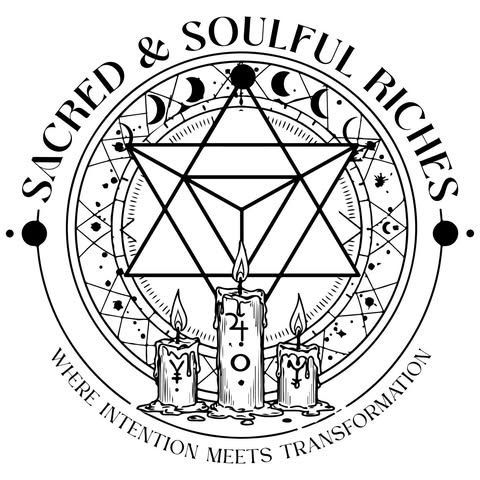 Sacred & Soulful Riches logo with geometric star, candles, and motto “Where invention meets transformation”