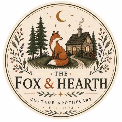 Round logo of a fox in a forest by a cottage, with “The Fox & Hearth Cottage Apothecary Est. 2024” text