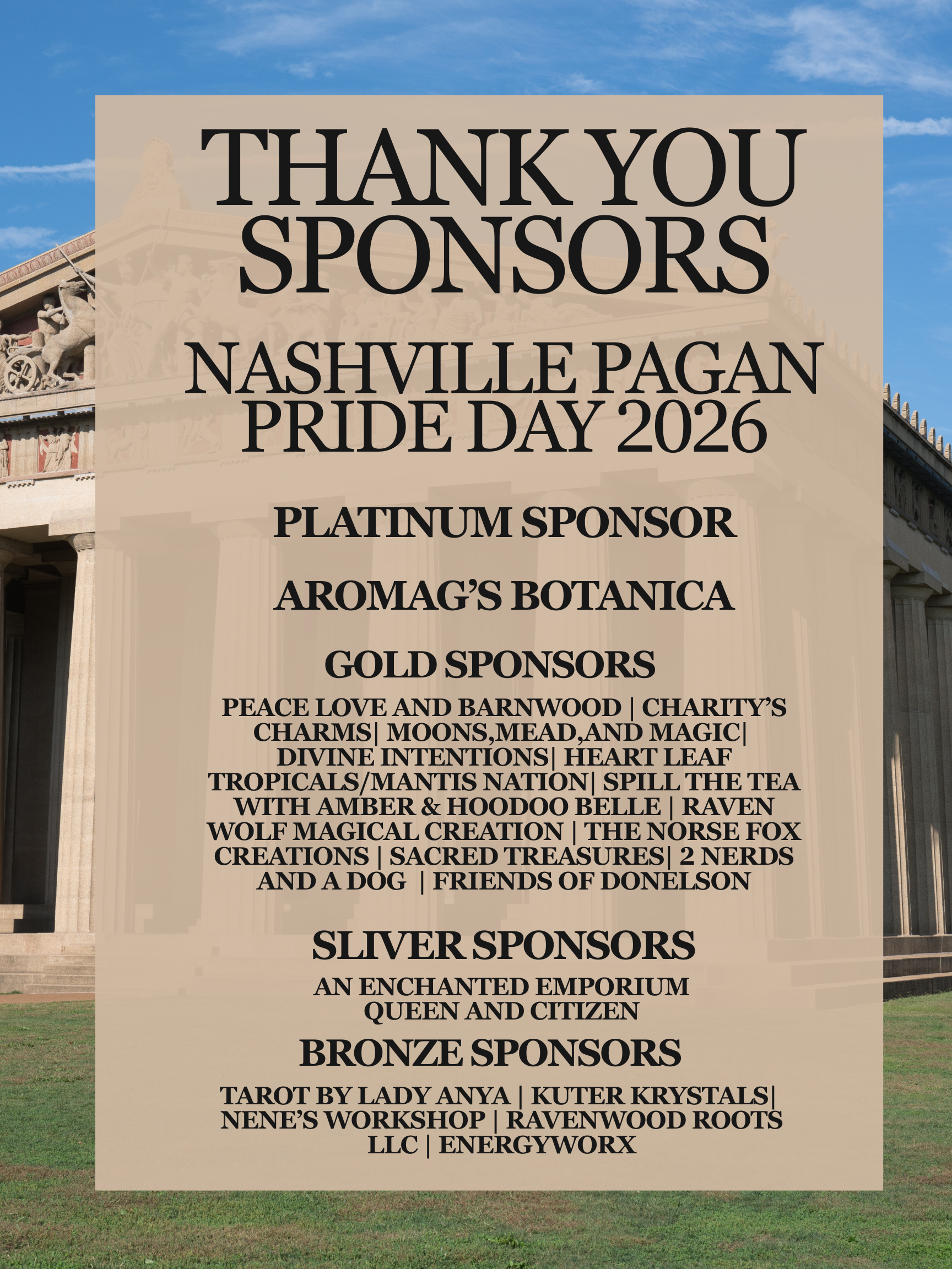 Thank you sponsors sign for Nashville Pagan Pride Day 2026 listing platinum, gold, silver and bronze sponsors