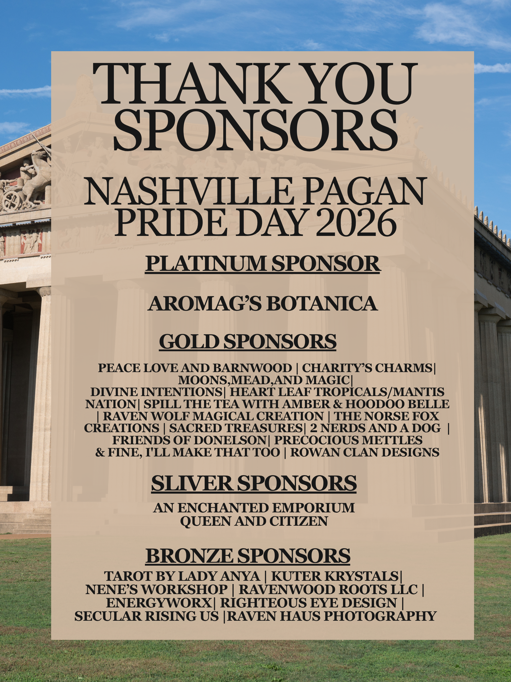 Thank you sponsors sign for Nashville Pagan Pride Day 2026 listing platinum, gold, silver and bronze sponsors