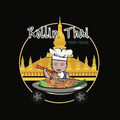 Rollin Thai food truck logo with chef, noodles, and golden temple backdrop