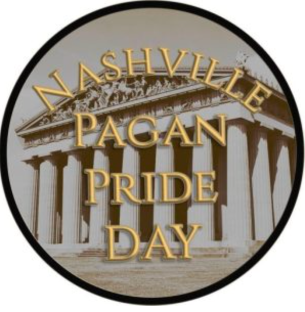 Nashville Pagan Pride Day logo with gold text over a temple and columns inside a black circle