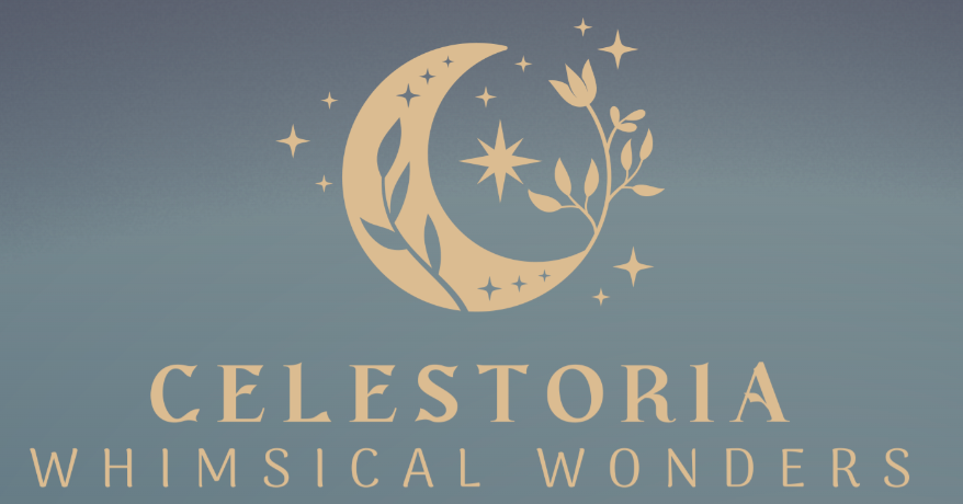 Gold crescent moon and floral logo above the words “CELESTORIA WHIMSICAL WONDERS” on a blue-gray background