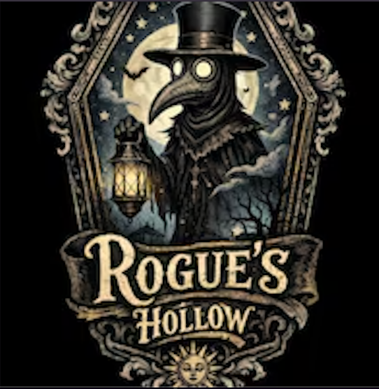 Rogue’s Hollow logo with a plague doctor holding a lantern in a dark gothic frame