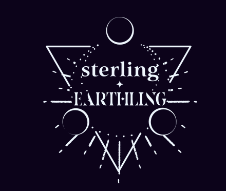 Sterling Earthling logo in white text with geometric triangle and circle design on dark purple background