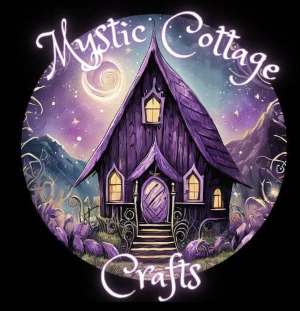 Mystic Cottage Crafts logo: purple cottage with glowing windows in a starry, magical night scene
