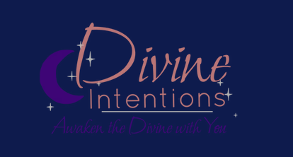 Divine Intentions logo in pink and purple script on a dark blue background with sparkles