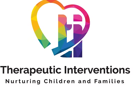Colorful heart-shaped logo above “Therapeutic Interventions” and “Nurturing Children and Families” text