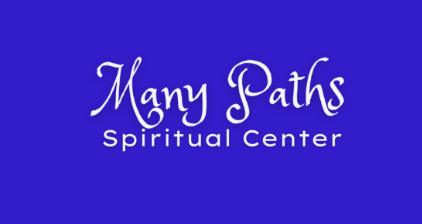 Many Paths Spiritual Center logo on a purple background, with white script and text