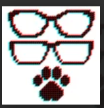 Red and black eyeglasses above a black paw print icon