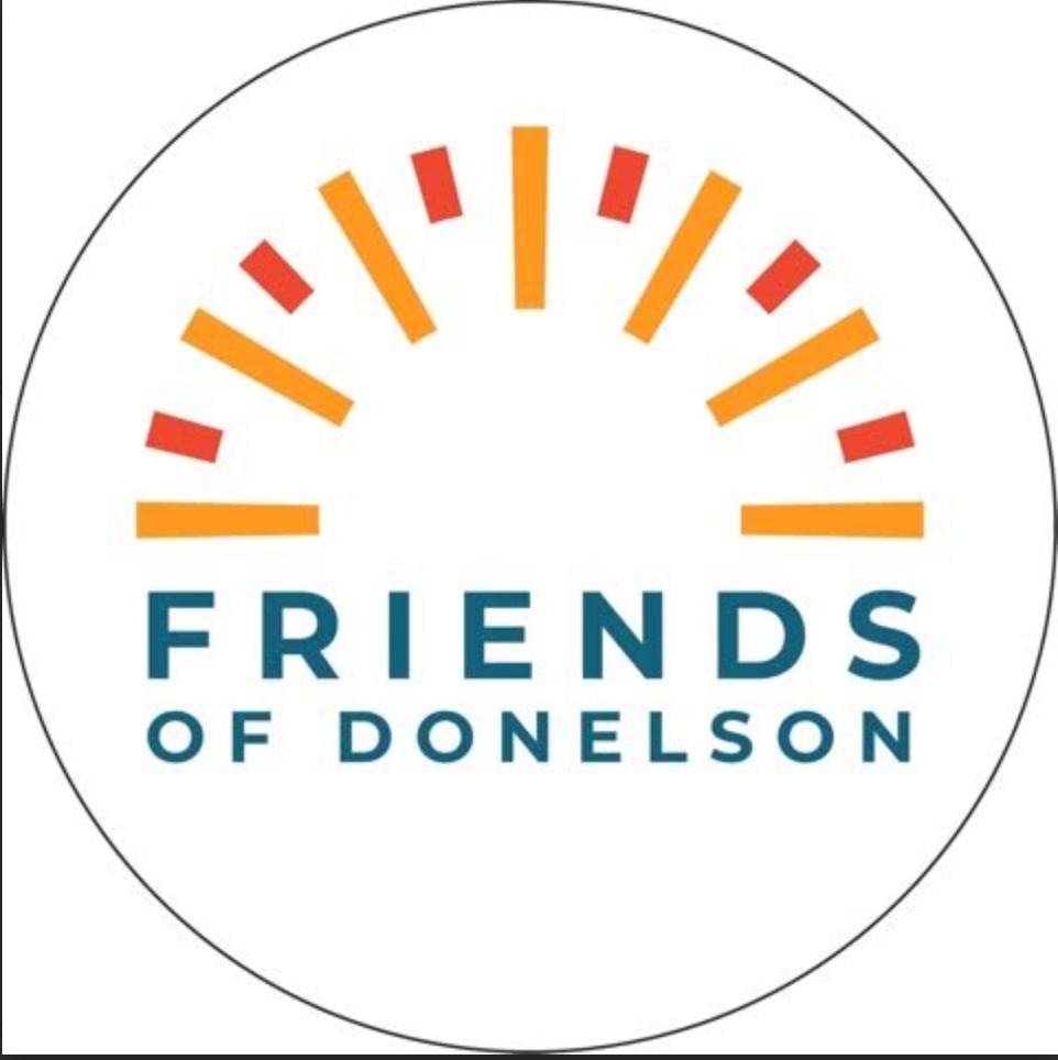Friends of Donelson logo with orange sunburst over blue and teal text