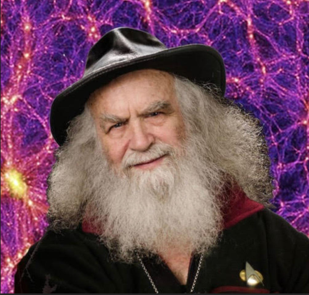Portrait of an elderly man with a long white beard, wearing a black hat, against a purple abstract background