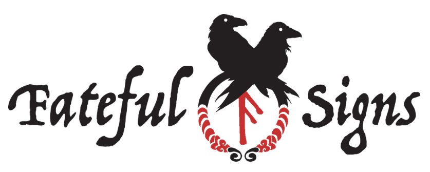 Logo reading “Fateful Signs” with two black birds perched over a red laurel wreath and small key