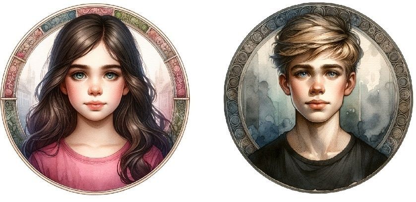 Two circular portrait illustrations: a woman in pink and a man in black on neutral backgrounds