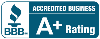 BBB A+ Rating logo. White text on teal background: Accredited Business.