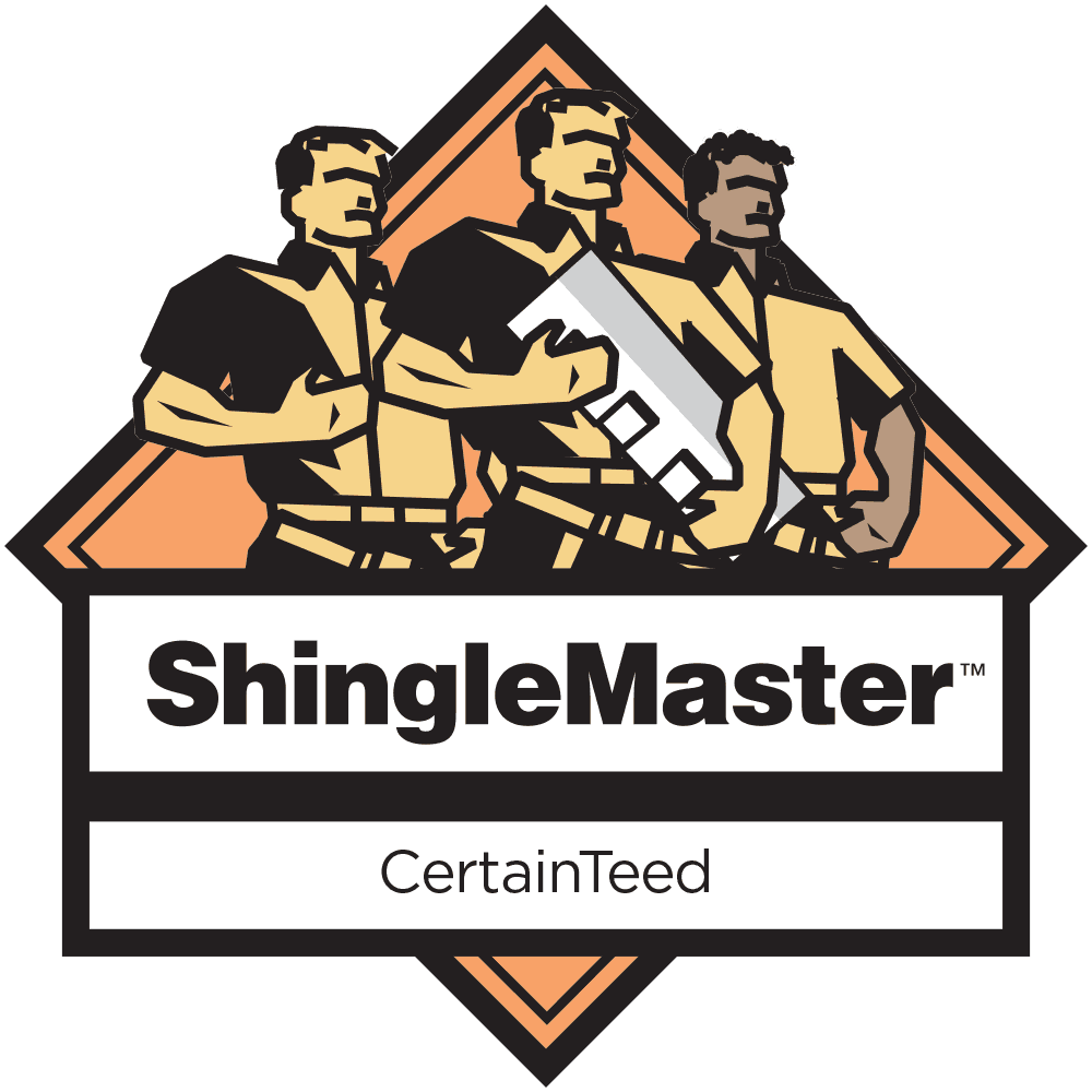 ShingleMaster logo featuring three roofers in orange with roofing materials, and the brand name 