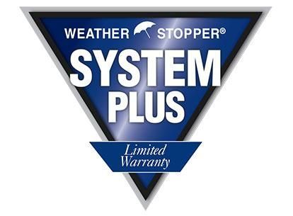 Weather Stopper System Plus logo with a blue triangle, umbrella icon, and 